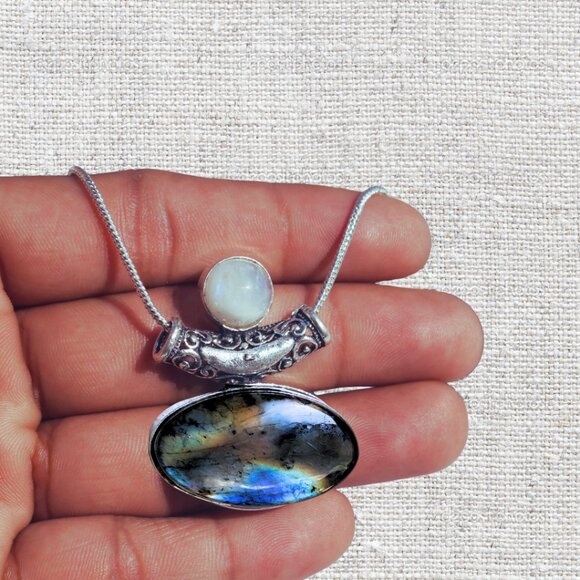 Labradorite Moonstone Decorative Bail Pendant Sterling Necklace Handcrafted NWOT - Picture 6 of 9